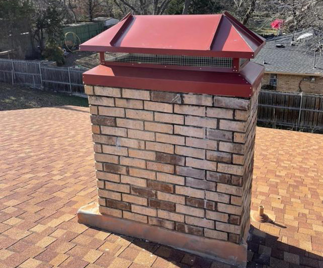 Red Chimney Service for Cap Installation on Brick Chimney and Fireplace cleaning in Dallas Texas.