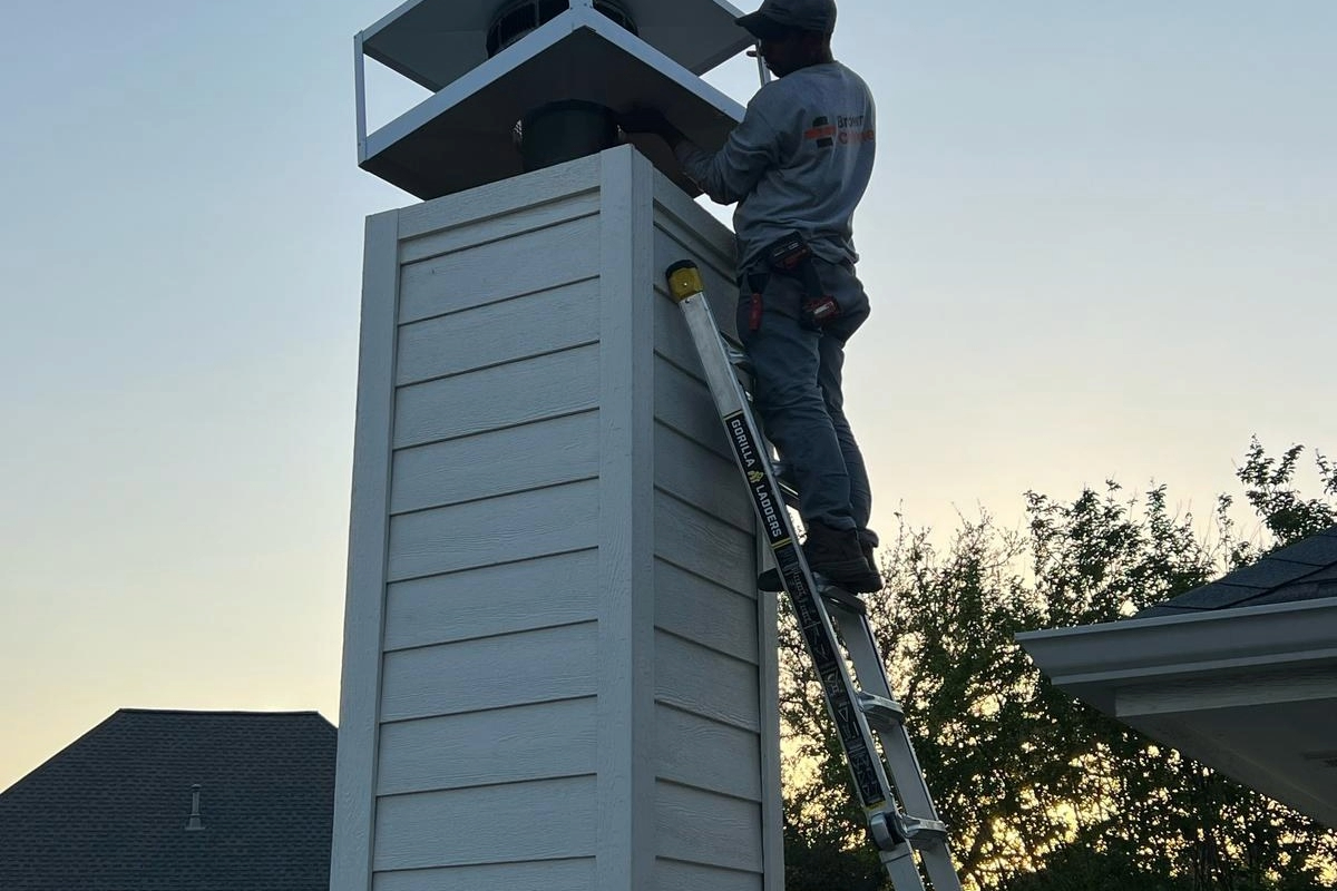 Wooden chimney with chimney man servicing the cimney cap installation while standing on ladder.