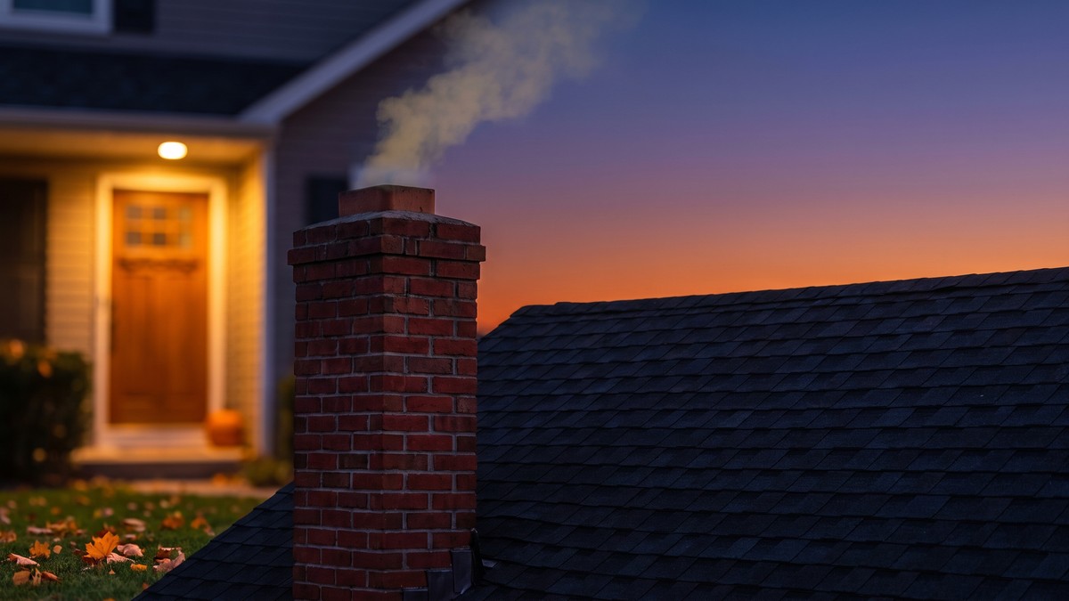 A red brick chimney rising above a suburban North Texas home at dusk, with a thin wisp of smoke drifting from the flue against an orange and blue sky