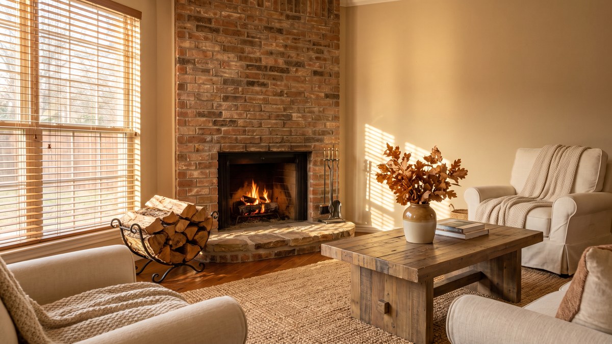 A small wood fire burning in a red brick fireplace in a warm, sunlit North Texas living room with a stack of seasoned firewood beside the hearth