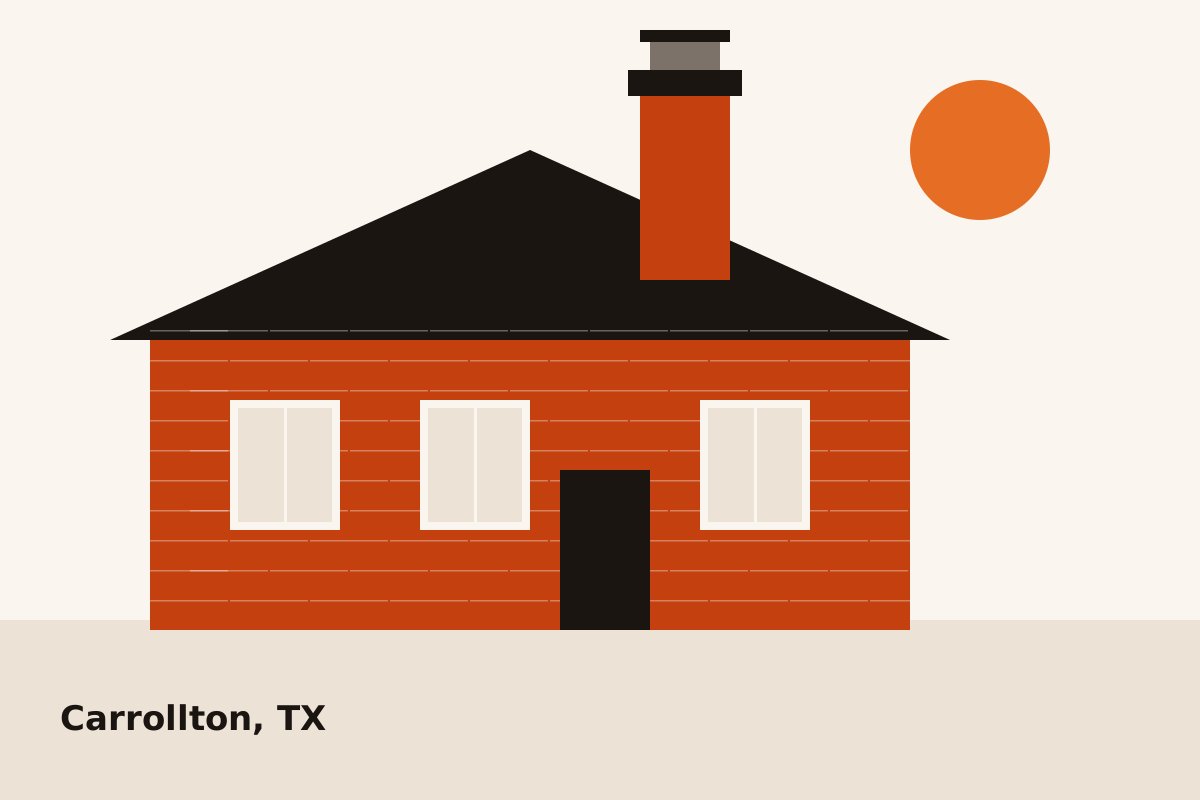 Illustration of a red brick suburban house with a tall chimney and the words Carrollton, TX