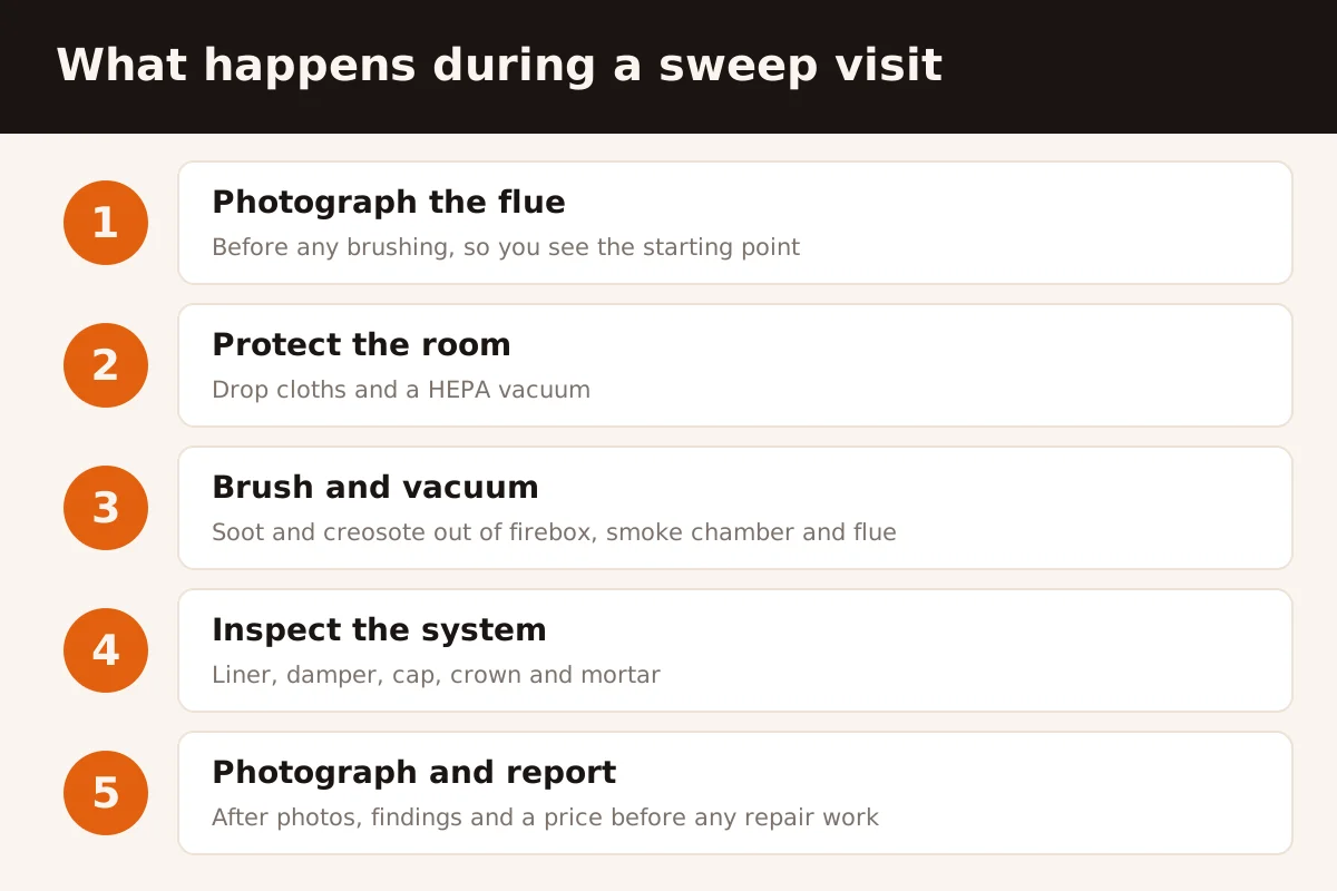 Five numbered steps in a chimney sweep visit: photograph the flue, protect the room, brush and vacuum, inspect the system, photograph and report