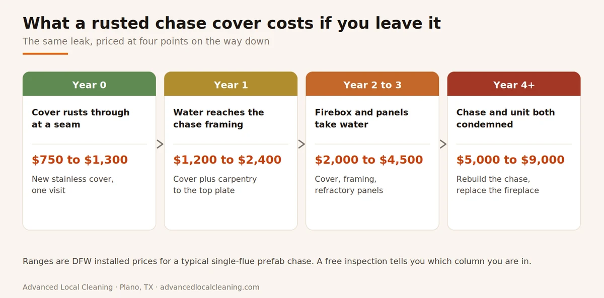 Timeline showing how a leaking chimney chase cover escalates in cost from 750 dollars in year zero to 9000 dollars by year four as water reaches the framing, firebox and fireplace unit