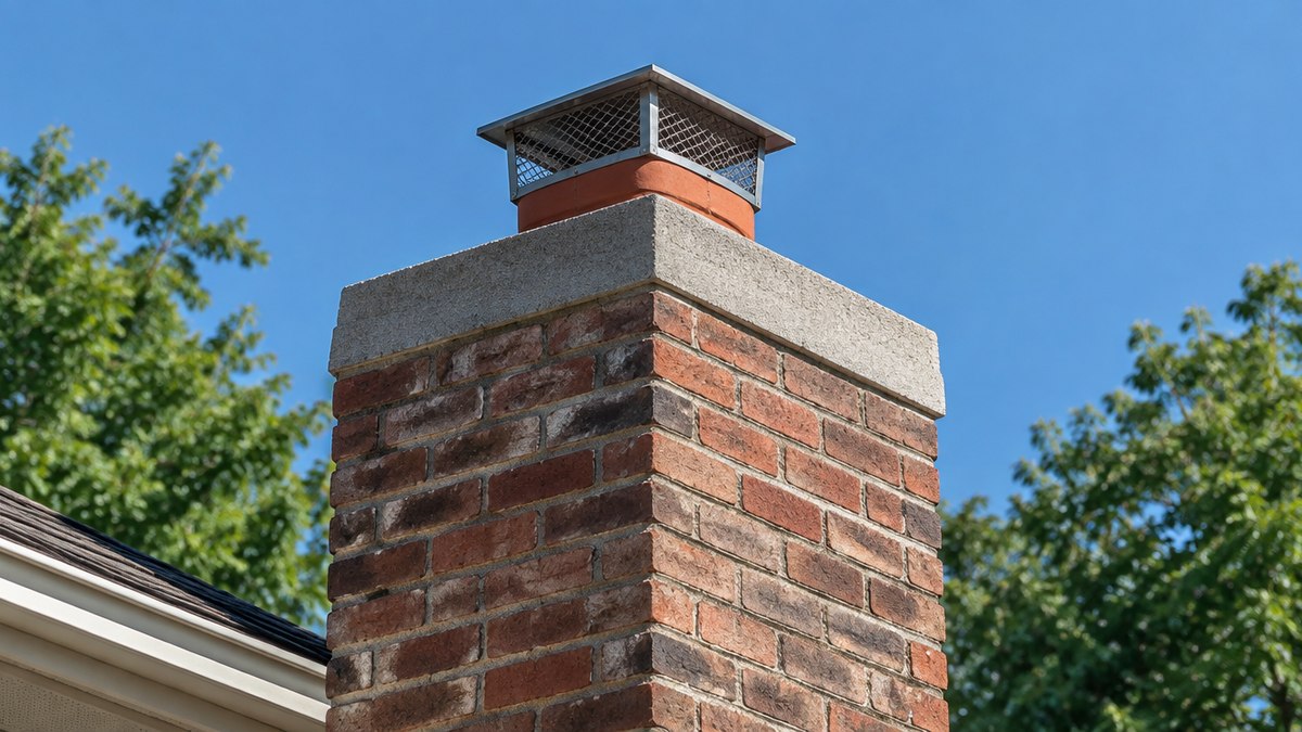 Close-up of a red brick chimney against a clear blue sky, showing a poured concrete crown and a small stainless mesh cap on top of the flue