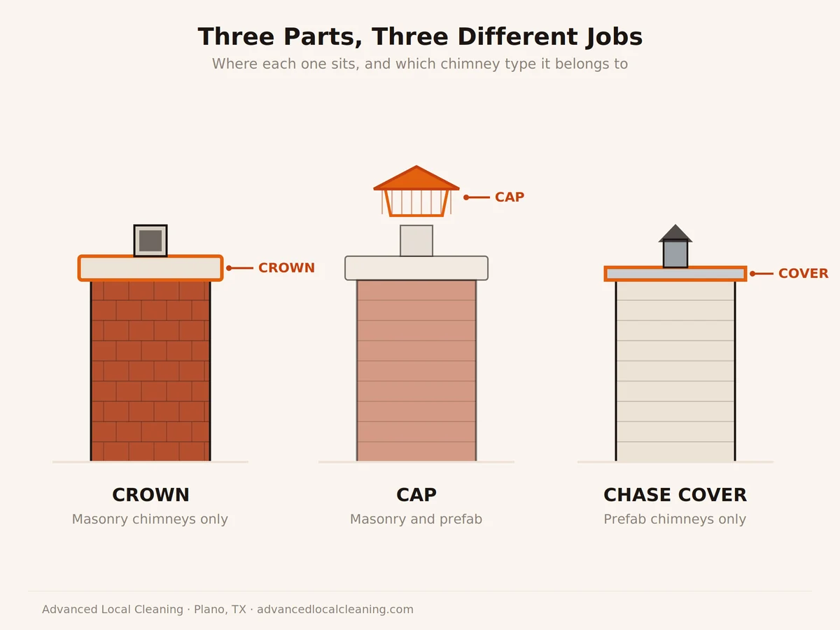 Diagram comparing a chimney crown on a masonry chimney, a cap on the flue opening, and a chase cover on a prefab chimney chase, labeled to show which chimney type each part belongs to