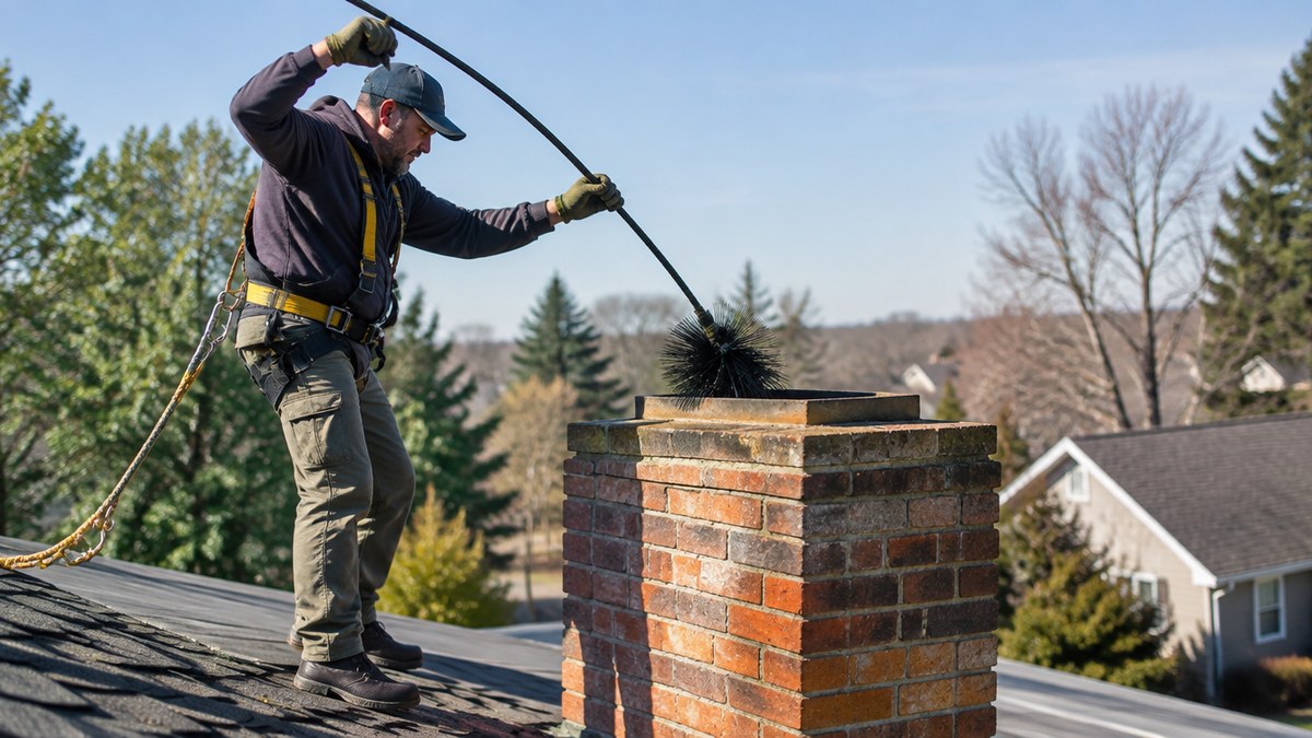 A homeowner wearing a safety harness on a rooftop uses a long flexible chimney brush and extension rod to clean a brick chimney flue from the top