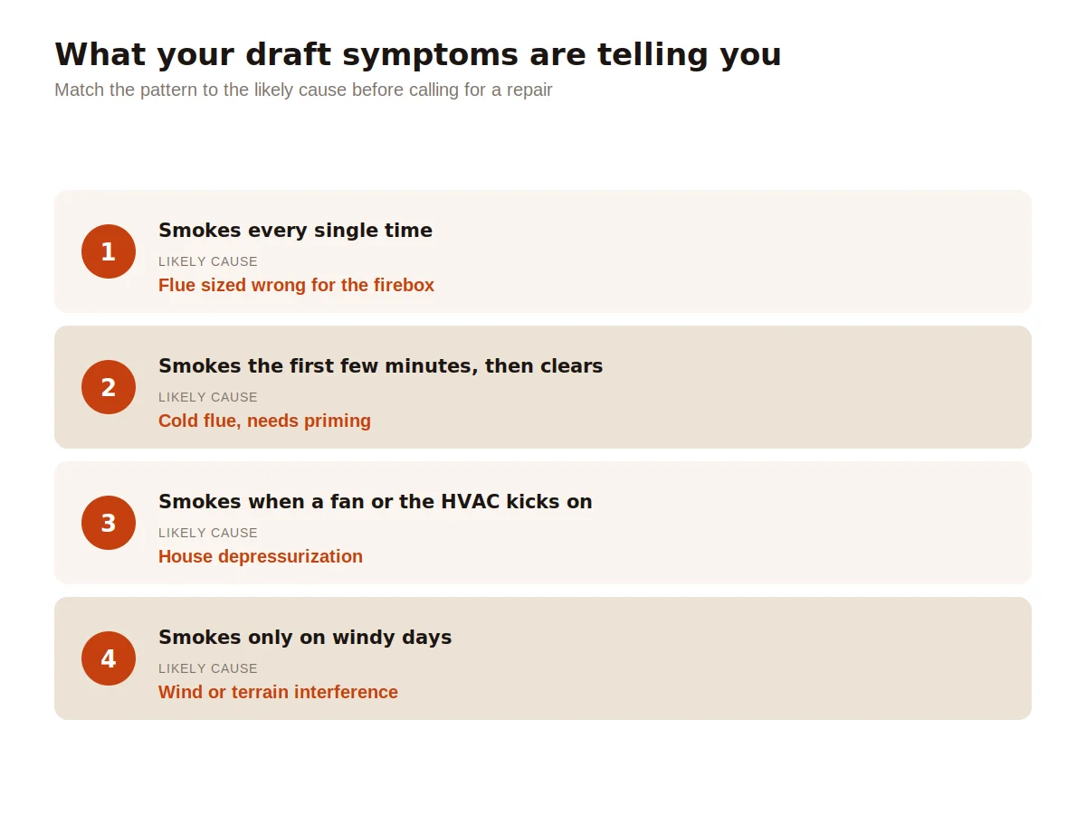 Diagnostic chart matching chimney draft symptoms to their likely cause: smokes every time points to a flue sizing mismatch, smokes only for the first few minutes points to a cold flue, smokes when exhaust fans run points to house depressurization, and smokes only on windy days points to wind or terrain interference