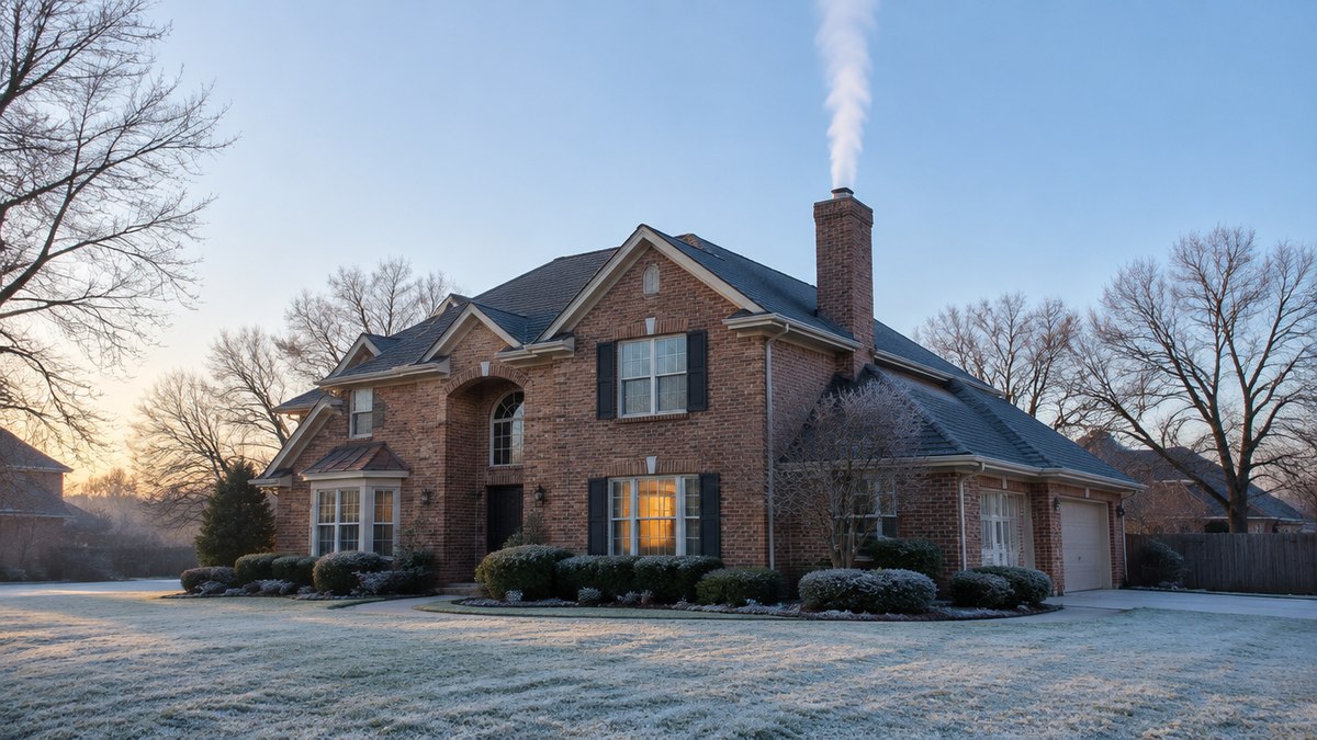A tall brick chimney on a suburban North Texas home releasing a thin, straight column of white smoke into a clear morning sky, showing strong upward chimney draft
