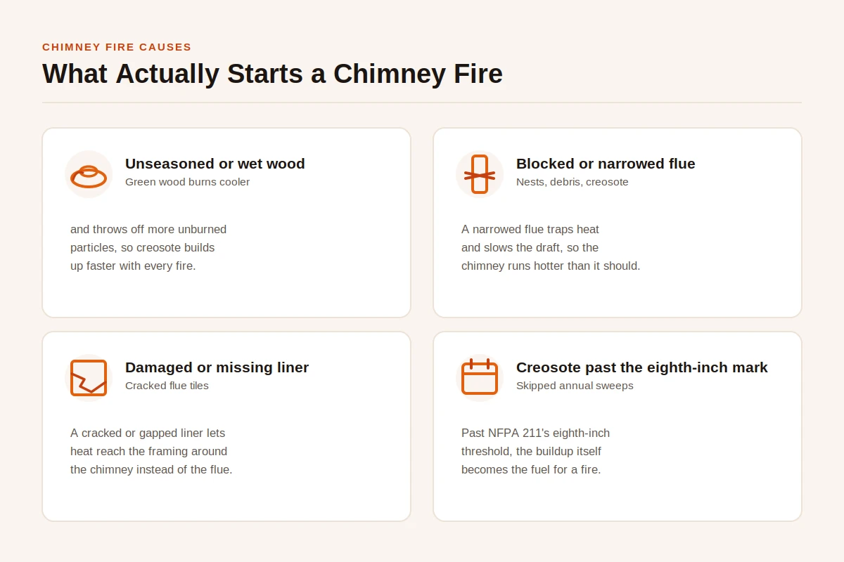 Diagram of four causes of chimney fires: unseasoned or wet wood, a blocked or narrowed flue, a damaged or missing liner, and creosote past the eighth inch NFPA threshold