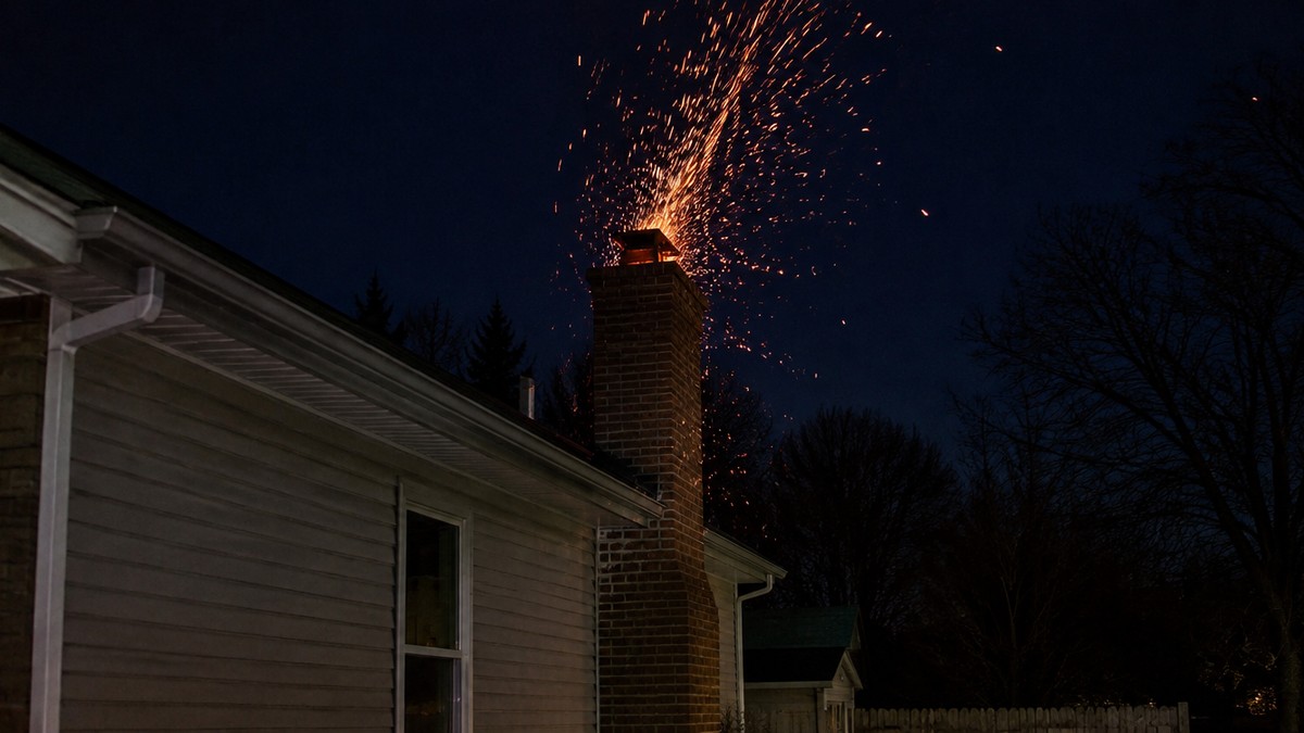 A brick chimney on a suburban home at night with sparks and glowing embers rising from the flue against a dark sky, a scene depicting an active chimney fire emergency