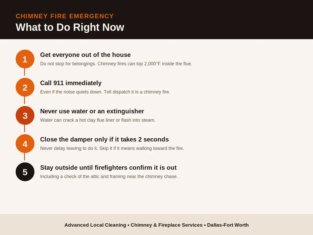 Five step emergency checklist for a chimney fire: get everyone out of the house, call 911 immediately, never throw water on it or use a fire extinguisher up the flue, close the damper only if it takes two seconds on the way out, and stay outside until firefighters confirm it is out