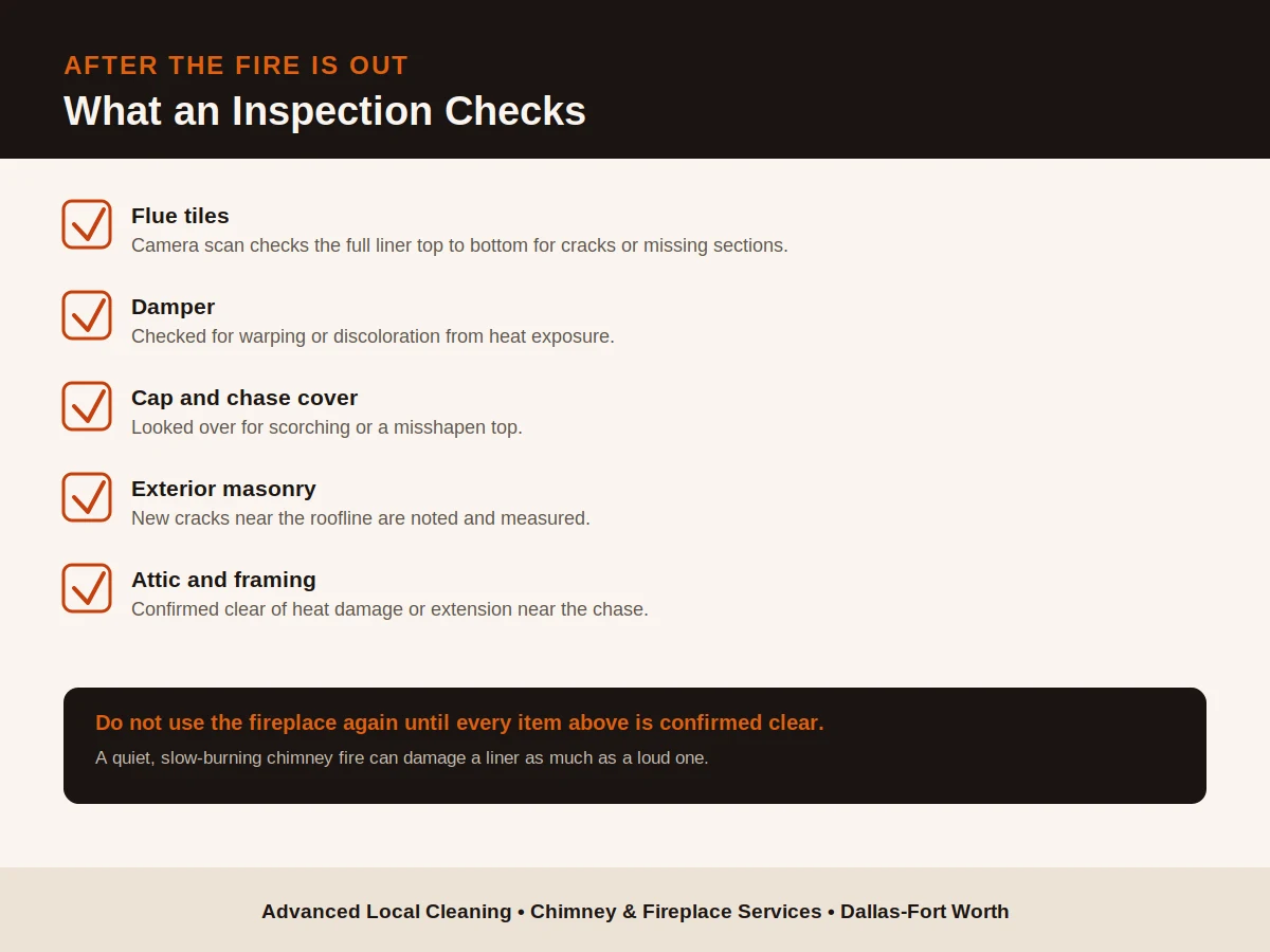 Checklist of what a chimney inspection looks for after a fire: cracked or missing flue tiles found by camera scan, a warped or discolored damper, a scorched or misshapen cap or chase cover, new cracks in exterior masonry near the roofline, and confirmation that the attic and framing near the chimney were not affected
