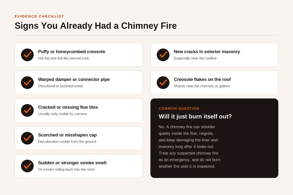 Checklist of six signs a chimney fire already happened: puffy or honeycombed creosote, a warped damper or connector pipe, cracked or missing flue tiles, a scorched or misshapen cap, new cracks in exterior masonry, and creosote flakes on the roof, plus a note that a chimney fire will not simply burn itself out