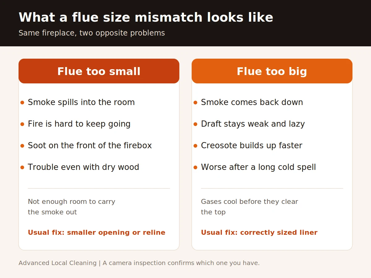 Side by side comparison of chimney flue size problems: a flue that is too small spills smoke into the room, is hard to keep lit and leaves soot on the firebox front, while a flue that is too big drafts weakly, lets smoke drift back down and builds creosote faster