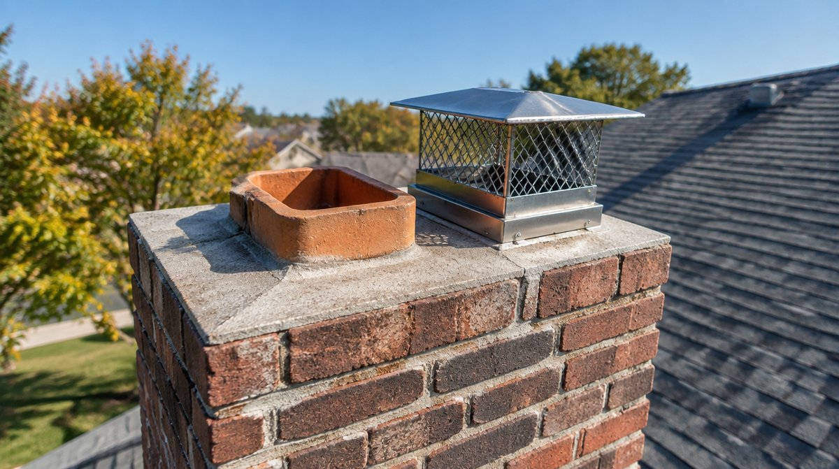 The top of a red brick chimney on a suburban home with a clay flue tile opening beside a stainless steel chimney cap, under a clear blue sky