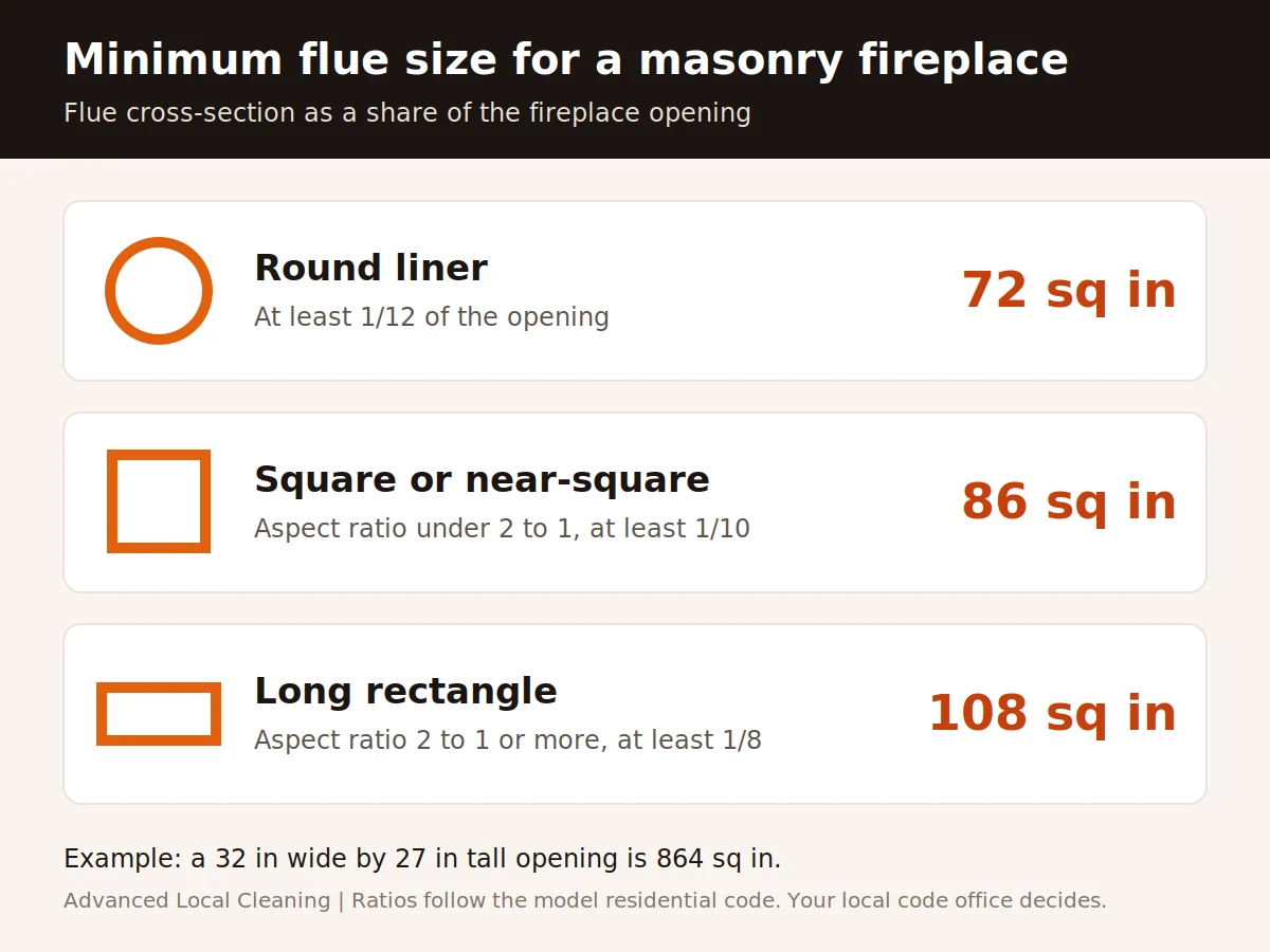 Chart of minimum chimney flue size by shape for an 864 square inch fireplace opening: a round liner at one twelfth of the opening needs 72 square inches, a square or near-square liner at one tenth needs 86 square inches, and a long rectangular liner at one eighth needs 108 square inches