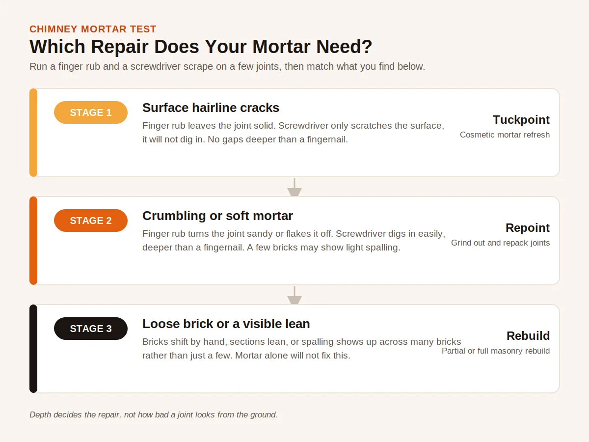 Three stage chart showing how to test chimney mortar with a finger rub and screwdriver scrape, matching surface hairline cracks to tuckpointing, crumbling mortar to repointing, and loose brick or a visible lean to a rebuild