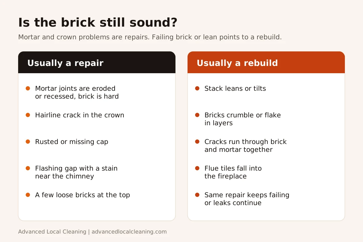 Two column checklist comparing chimney problems that usually need a repair, such as eroded mortar and a cracked crown, with problems that usually need a rebuild, such as a leaning stack and crumbling brick