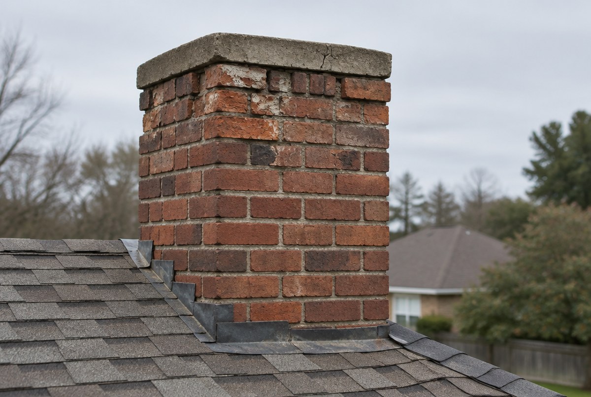 Weathered red brick chimney stack above a shingle roof with eroded mortar joints and a cracked concrete crown