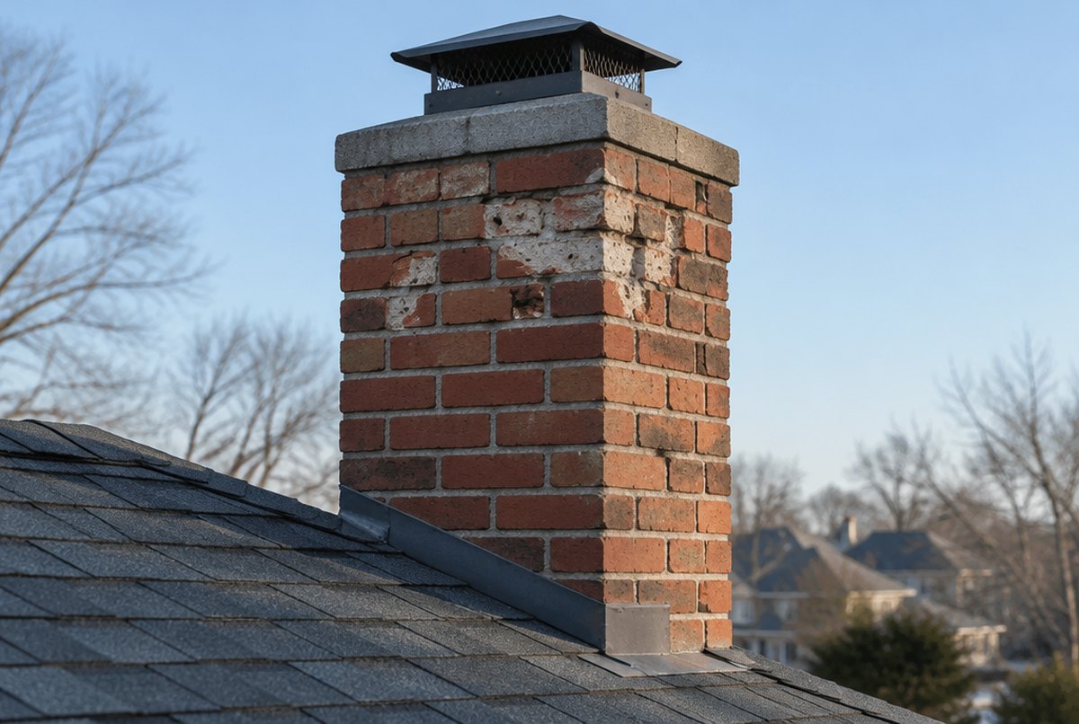 Red brick chimney stack above a shingle roof with several bricks on the upper stack flaked and pitted from spalling