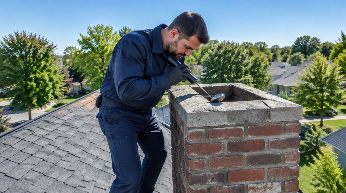 Chimney sweep technician on a residential rooftop inspecting a brick chimney flue with a flashlight and mirror tool under clear blue sky