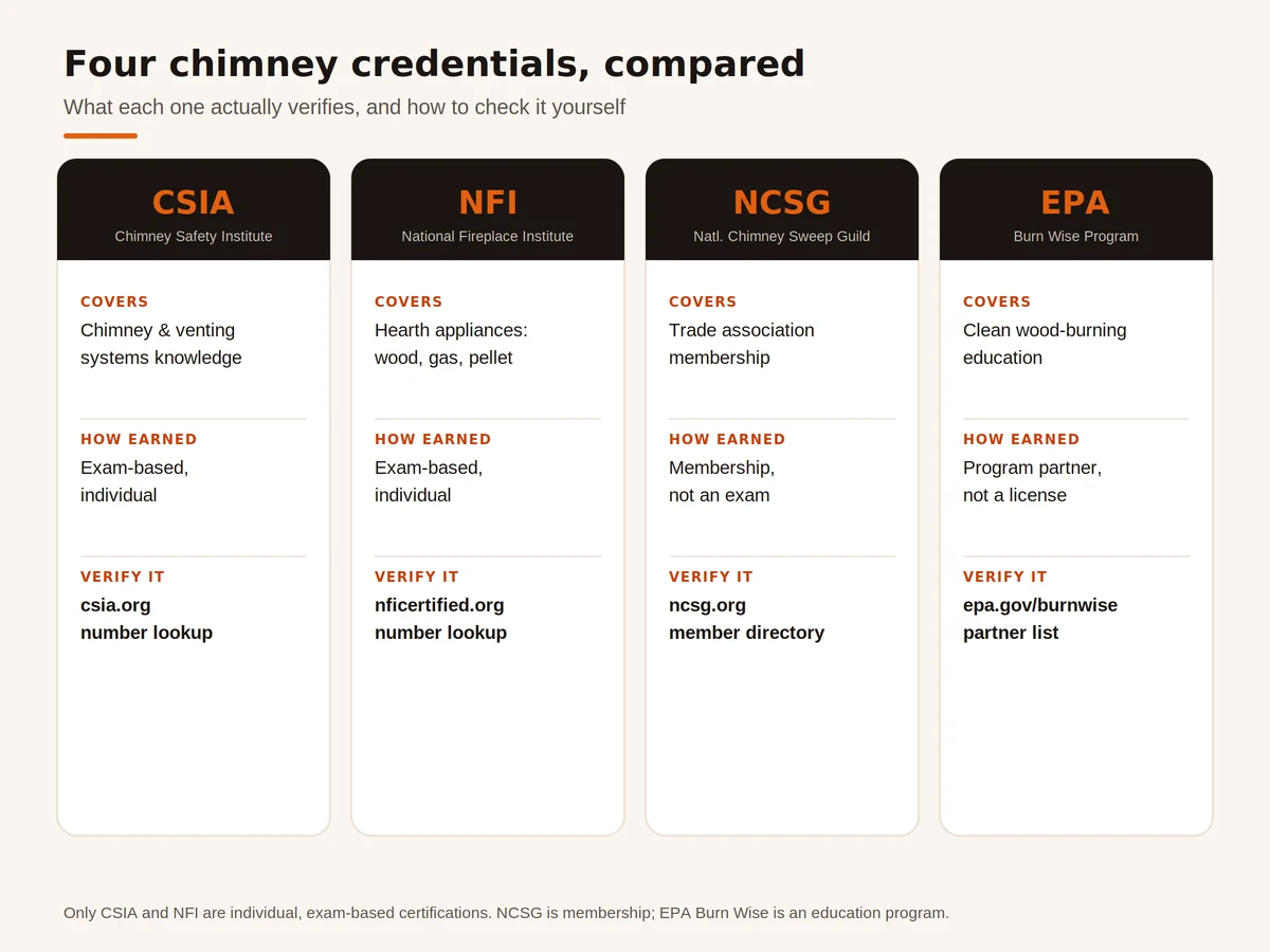 Comparison chart of four chimney sweep credentials: CSIA covers chimney and venting knowledge verified by exam number lookup at csia.org, NFI covers hearth appliances verified the same way, NCSG is trade association membership verified by member directory, and EPA Burn Wise is an emissions education program with no individual license