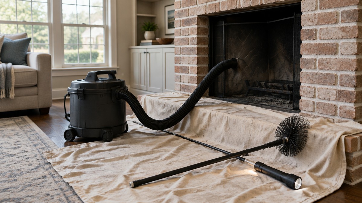 Living room fireplace with a canvas drop cloth over the hearth, a HEPA shop vacuum hose at the firebox, a chimney brush on a rod and a flashlight laid out before a sweep