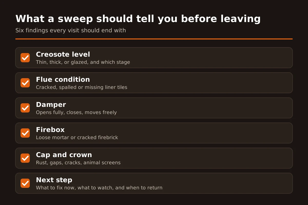 Checklist of six findings a chimney sweep should report: creosote level, flue condition, damper, firebox, cap and crown, and recommended next step