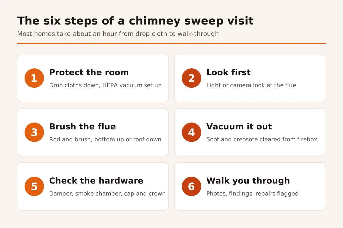 Six numbered boxes showing the steps of a chimney sweep visit: protect the room, look first, brush the flue, vacuum it out, check the hardware, walk you through