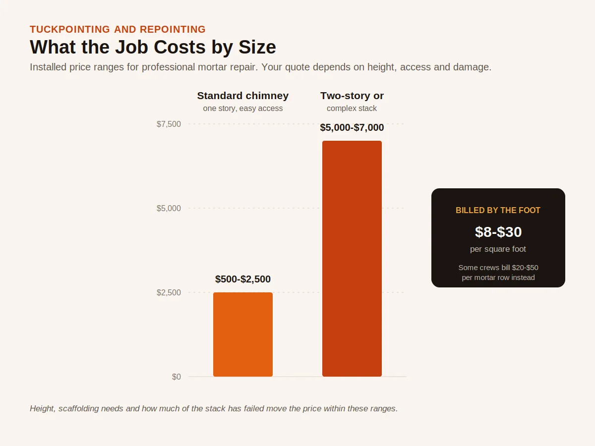 Bar chart comparing chimney tuckpointing and repointing cost by job size: 500 to 2500 dollars for a standard one story chimney, 5000 to 7000 dollars for a two story or complex stack, and 8 to 30 dollars per square foot billed on larger jobs