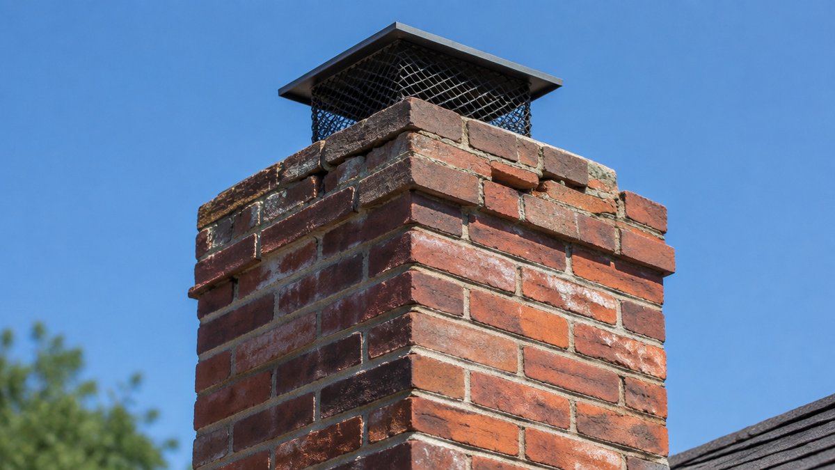Close-up of a red brick chimney against a clear blue sky showing weathered mortar joints with visible cracking and erosion near the top of the stack