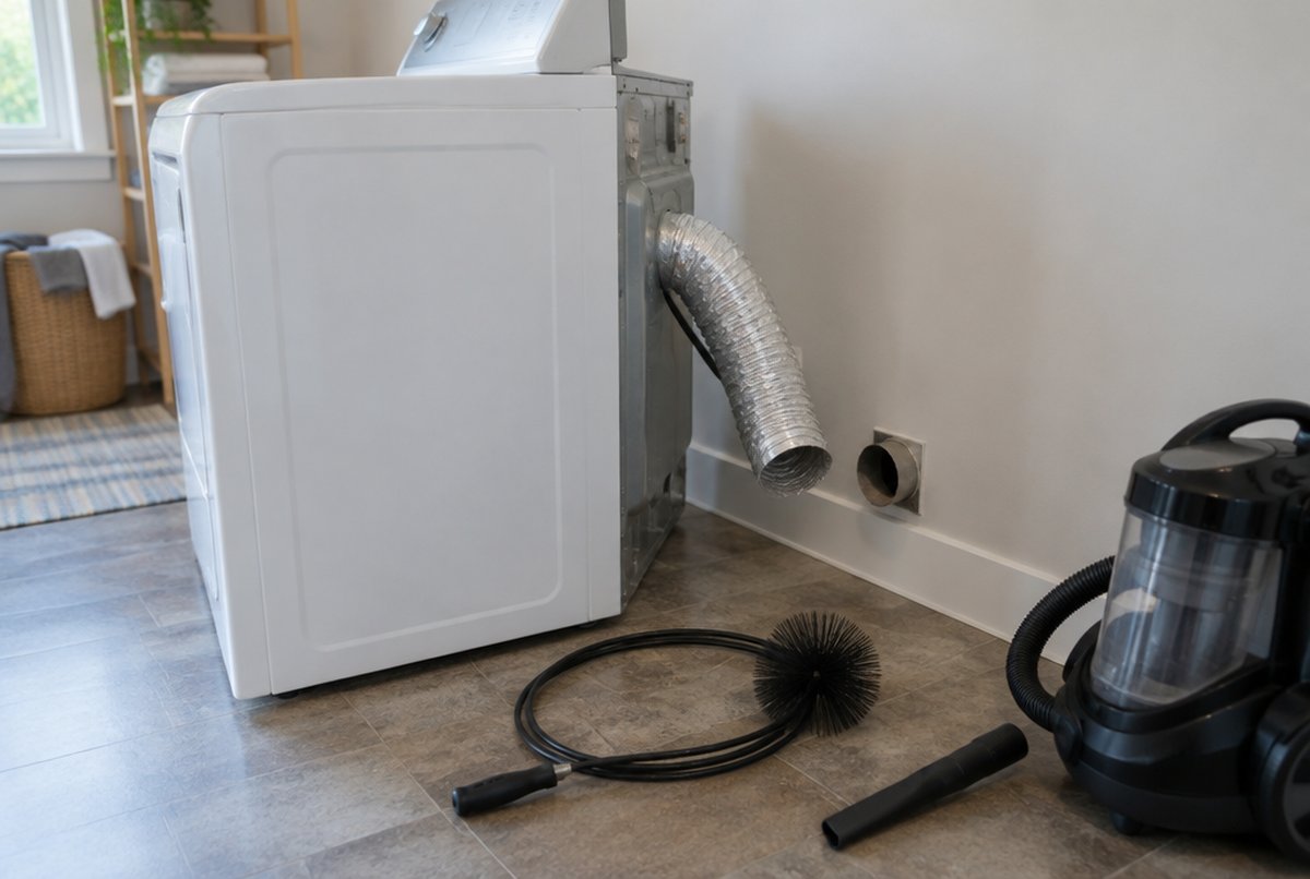 White clothes dryer pulled away from a laundry room wall with the foil duct disconnected, a vent brush kit and a vacuum on the floor