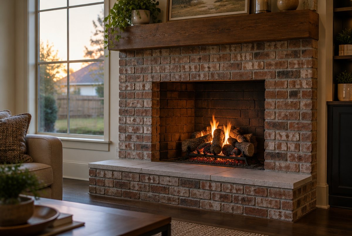 Brick fireplace with a gas log set burning in the open firebox, a wood mantel and a stone hearth in a suburban living room at dusk
