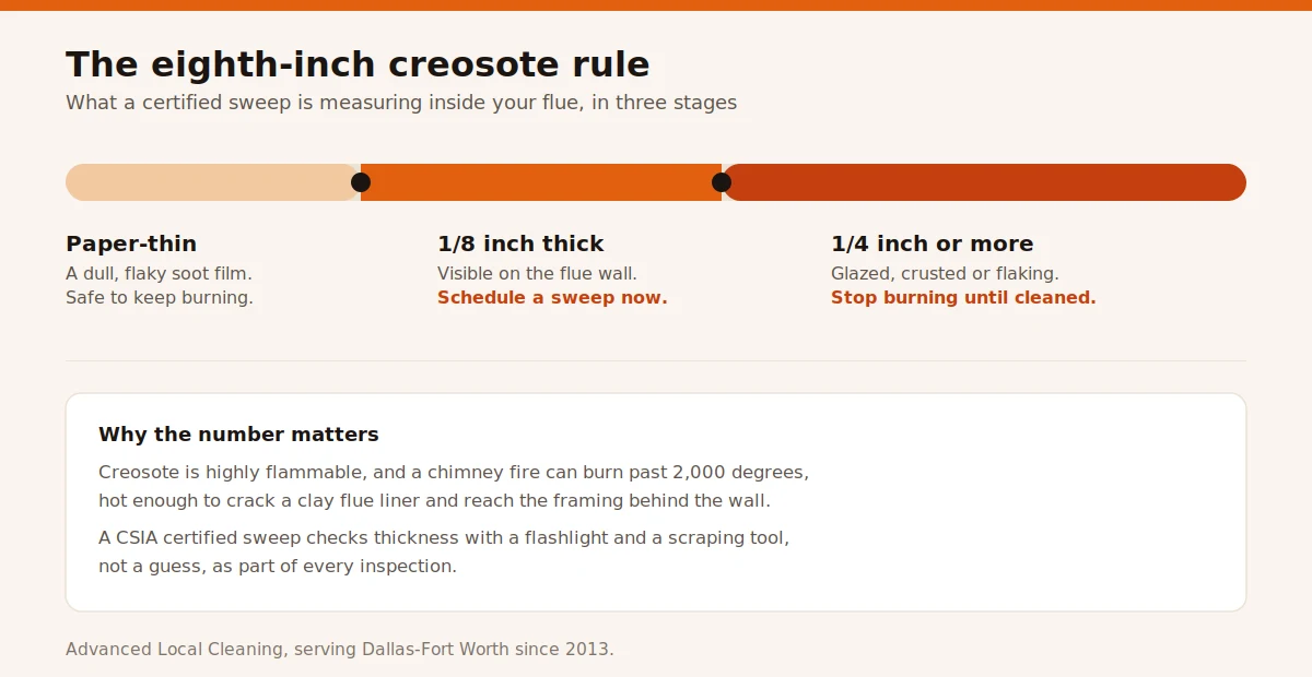 Timeline showing the three creosote stages, paper thin and safe, one eighth inch thick meaning schedule a sweep, and one quarter inch or more meaning stop burning until cleaned