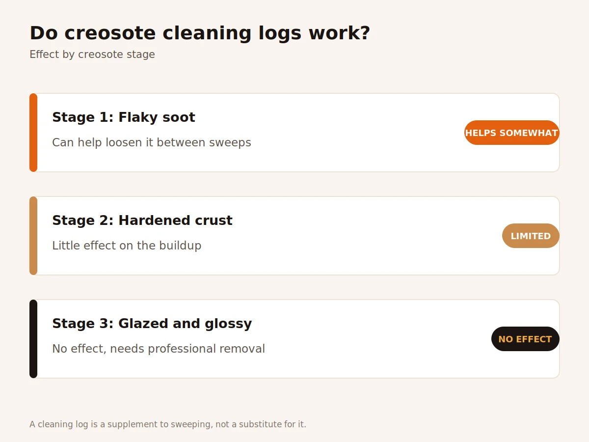 Chart showing whether creosote sweeping logs work by buildup stage: some help for flaky stage 1 soot, little effect on hardened stage 2 crust, and no effect on glazed stage 3 creosote
