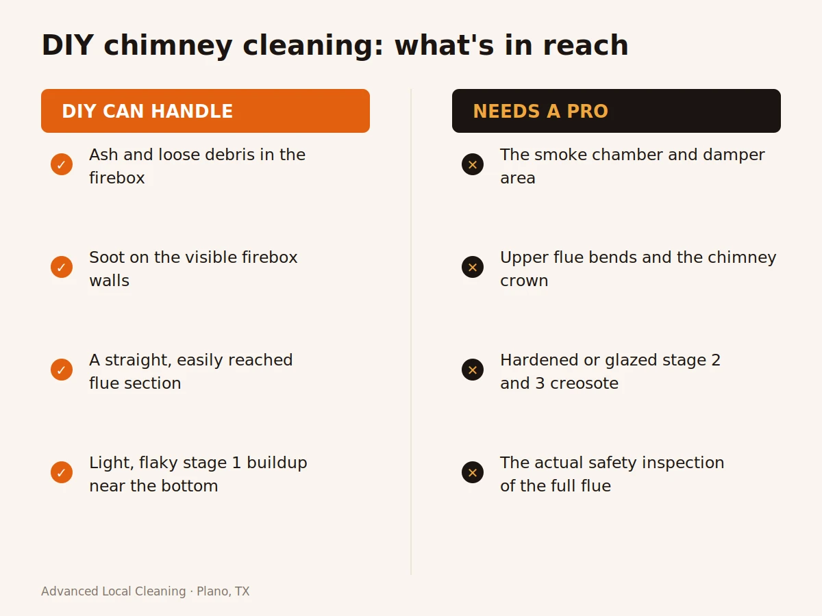 Infographic comparing what DIY chimney cleaning can handle, such as firebox ash and a straight flue section, against what needs a professional, such as the smoke chamber, damper, upper flue bends and a real safety inspection