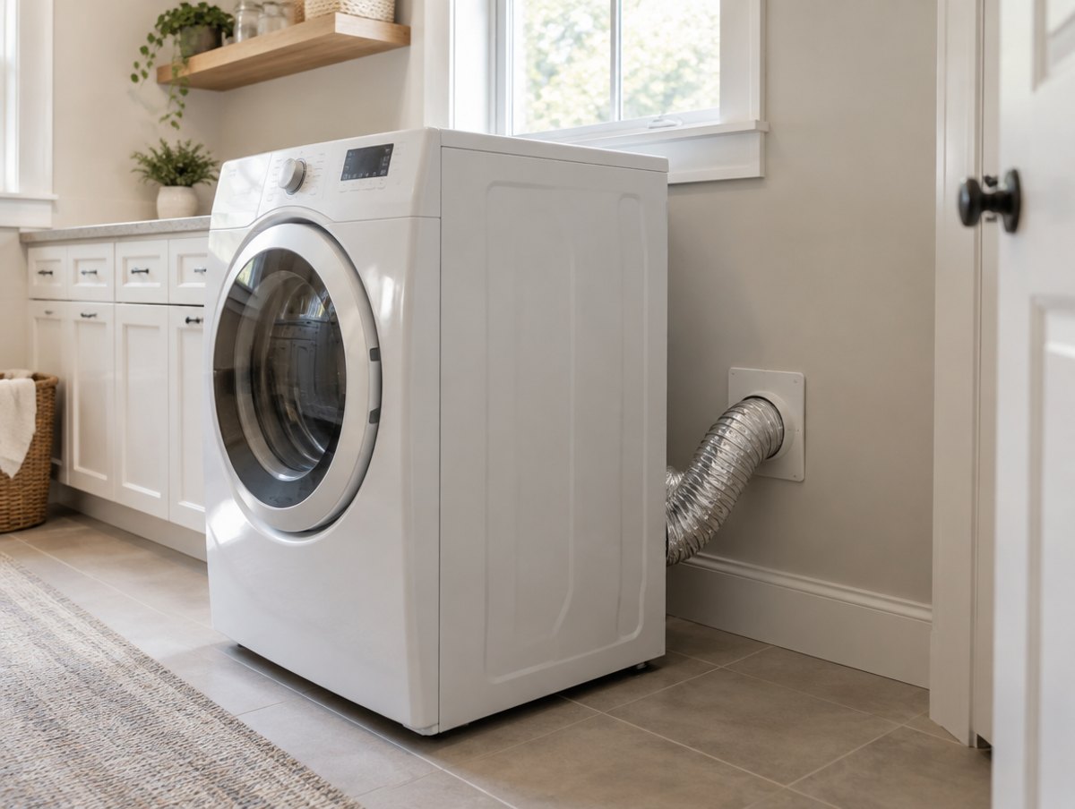 Bright home laundry room with a white front-load dryer pulled forward from the wall, showing the silver flexible duct that connects it to the wall vent