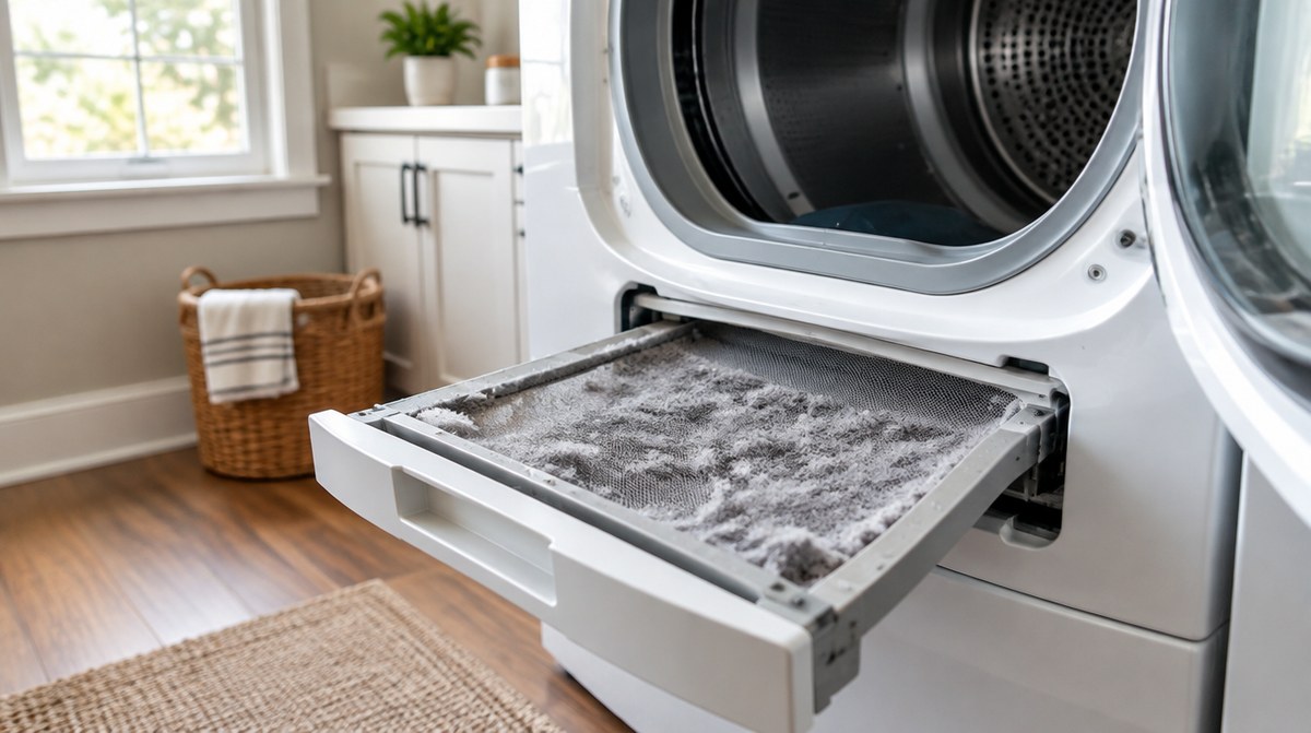 Close-up of an open dryer lint trap packed with a thick gray mat of lint inside a bright home laundry room