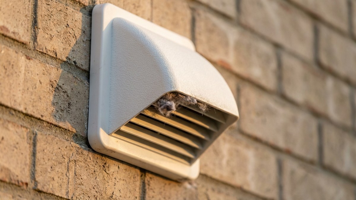Close-up of a white plastic exterior dryer vent hood mounted on a brick house wall with a small clump of lint caught at the flap opening