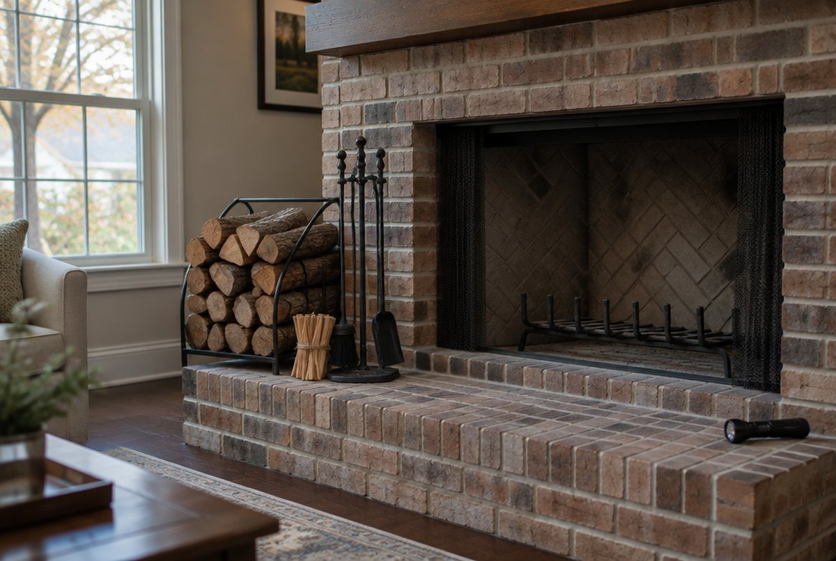 Clean brick fireplace with an empty firebox, a rack of split firewood, fireplace tools, kindling and a flashlight on the hearth in a bright living room