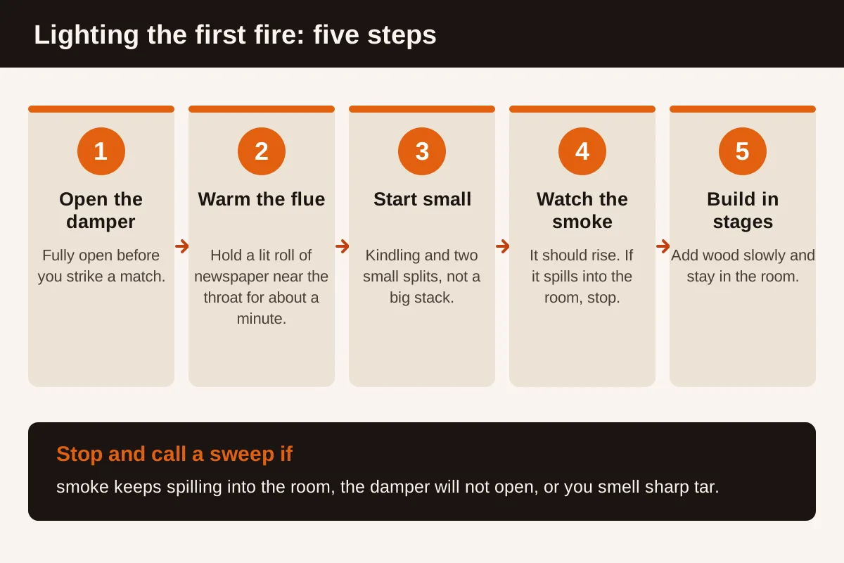 Five numbered steps for lighting the first fire: open the damper, warm the flue, start small, watch the smoke and build in stages, with a warning box listing when to stop and call a sweep