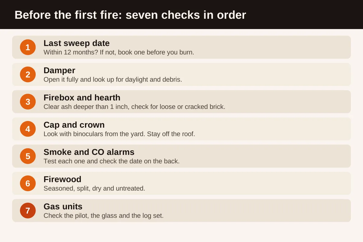 Numbered list of seven checks before the first fire: last sweep date, damper, firebox and hearth, cap and crown, smoke and carbon monoxide alarms, firewood, and gas units