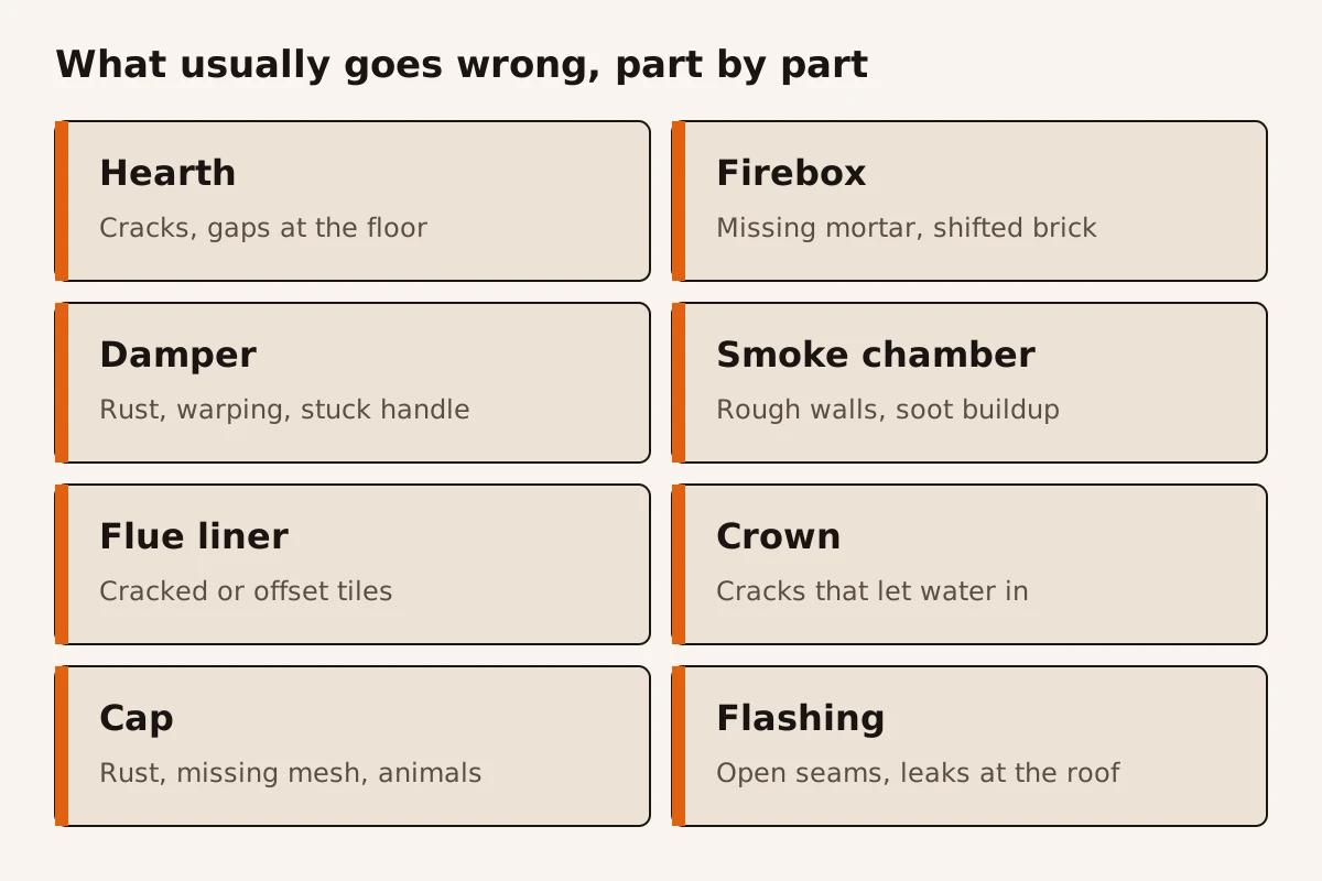 Eight boxes listing the usual failure for each fireplace part: hearth cracks, firebox missing mortar, damper rust, smoke chamber rough walls, flue liner cracked tiles, crown cracks, cap rust or animals, flashing open seams