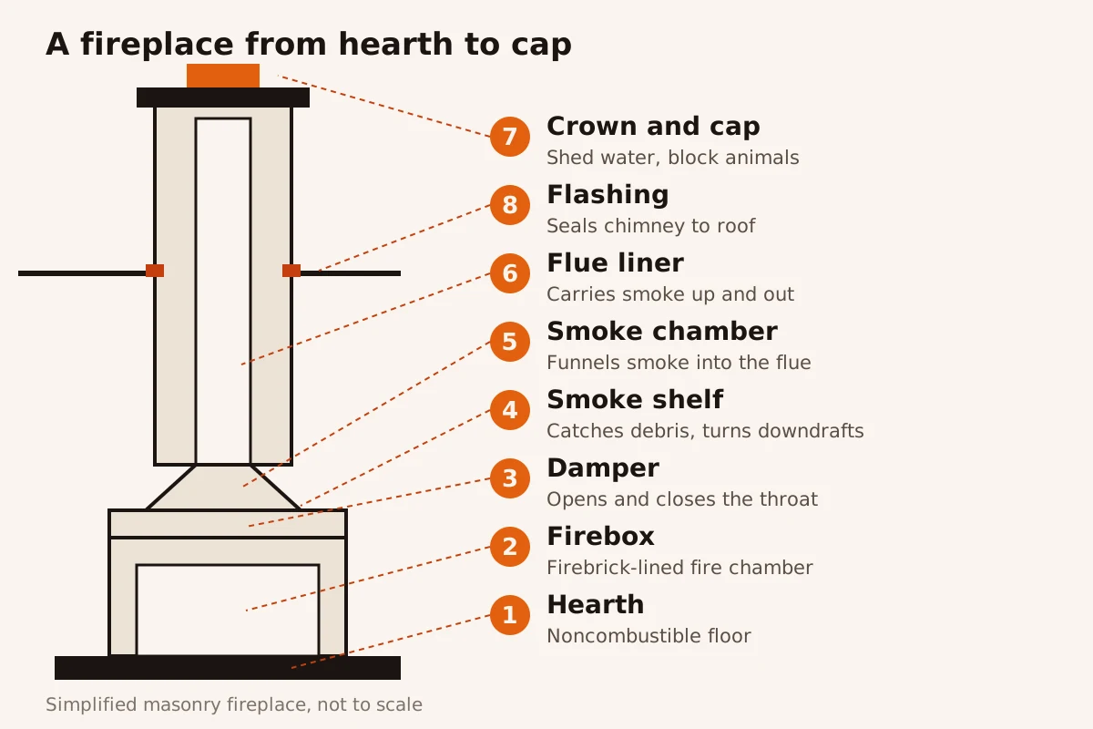 Labelled cross-section of a masonry fireplace numbered from the hearth at the bottom to the flashing and cap at the top, covering hearth, firebox, damper, smoke shelf, smoke chamber, flue liner, crown and cap, and flashing