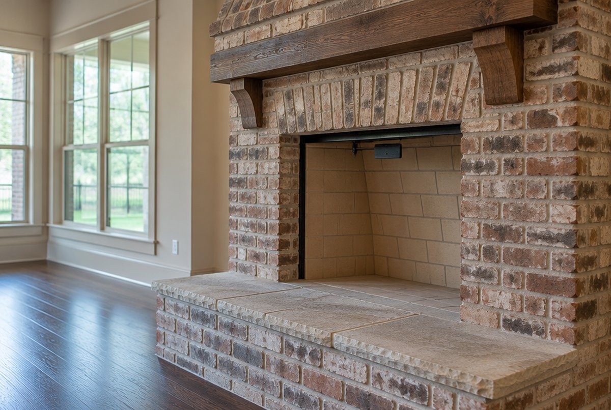 Cold brick masonry fireplace with a firebrick-lined firebox, a damper handle inside the opening and a stone hearth in a bright living room