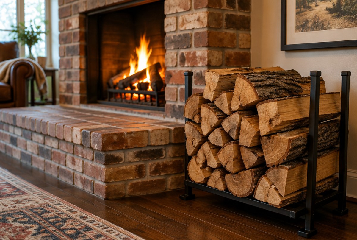 Split oak firewood stacked on a black metal rack beside a brick fireplace with a small fire burning
