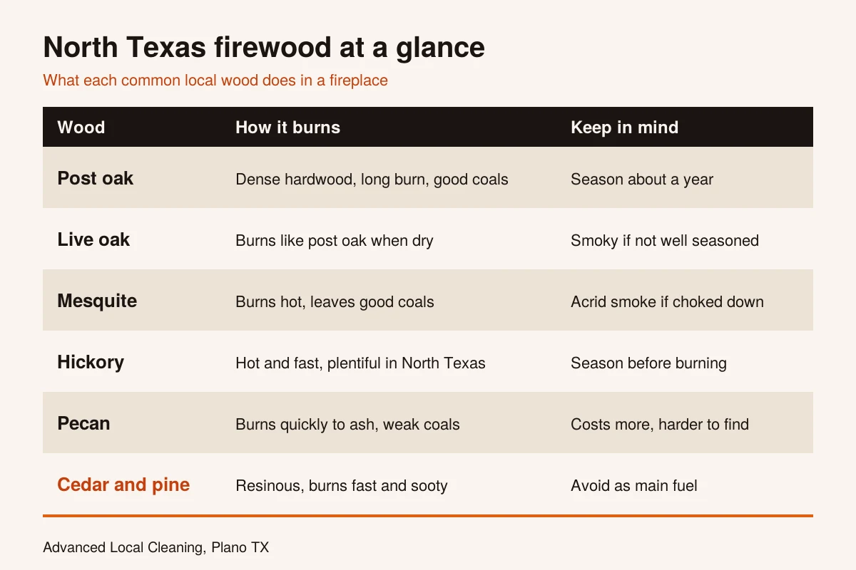 Table comparing common North Texas firewoods: post oak, live oak, mesquite, hickory, pecan, and cedar and pine, with how each burns and what to keep in mind