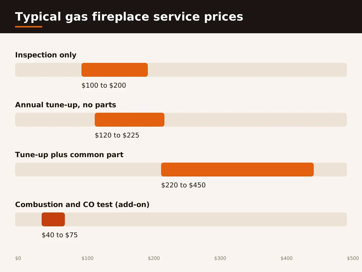 Bar chart of typical gas fireplace service price ranges: inspection only $100 to $200, annual tune-up with no parts $120 to $225, tune-up plus a common part $220 to $450, combustion and carbon monoxide test add-on $40 to $75