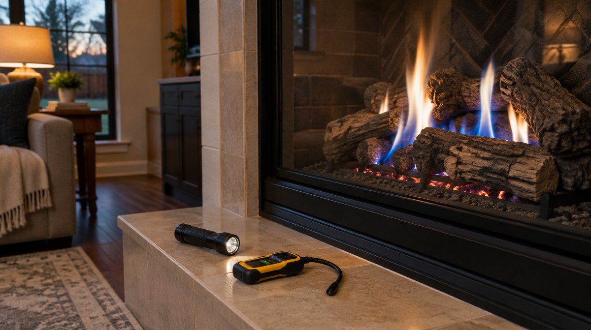 A gas fireplace burning a clean blue and yellow flame over ceramic logs, with a flashlight and a handheld gas leak detector resting on the hearth