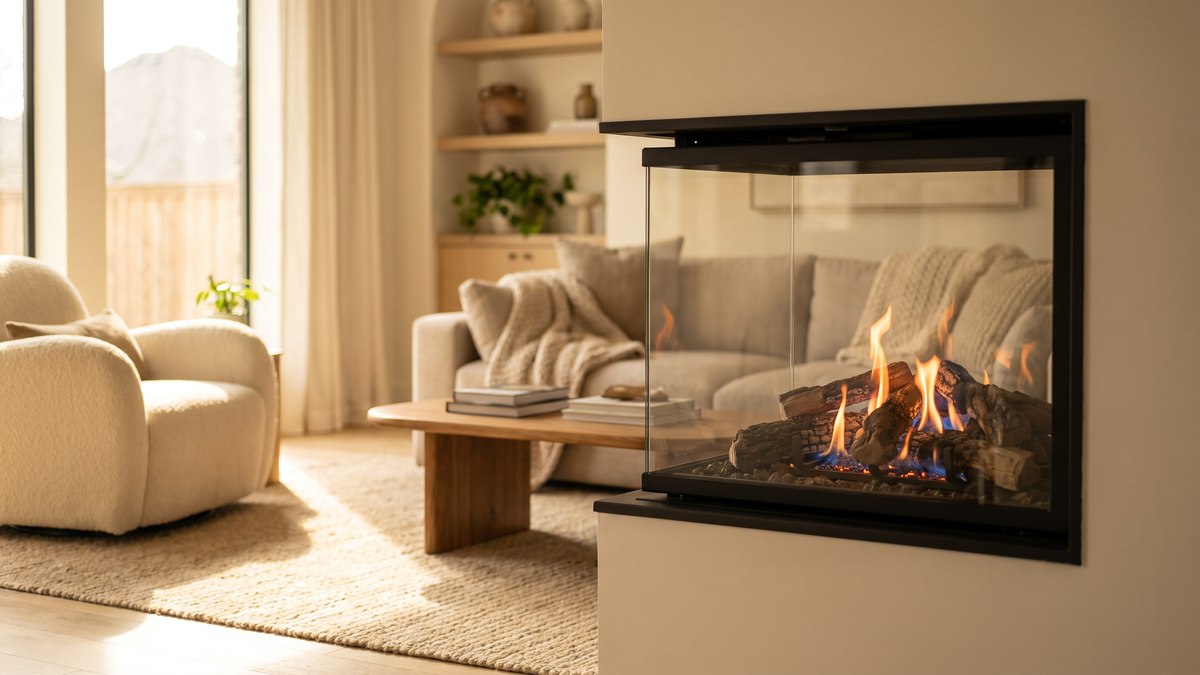 A modern gas fireplace insert burning cleanly with blue-based orange flames over a ceramic log set in a neutral, softly lit living room